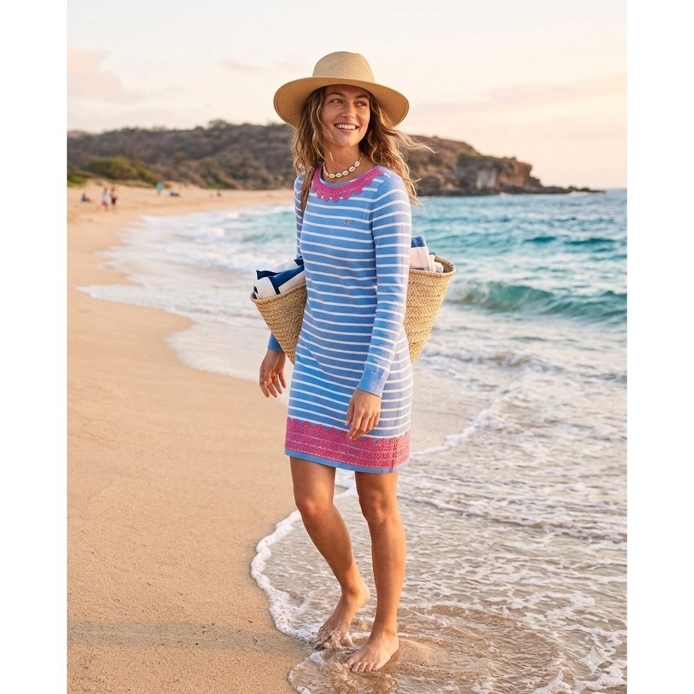 Vineyard Vines Blue White Striped Merino‎ Wool Sweater Dress Pink Lace S NWT